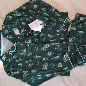 Girls Holiday Christmas Winter Kids Pajama Set in Forest Green with Tree Design